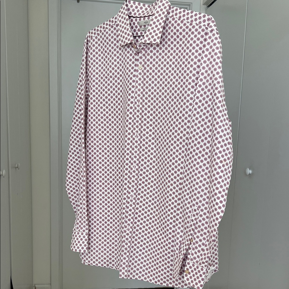 Mango White Button-Up Shirt with Maroon  Print